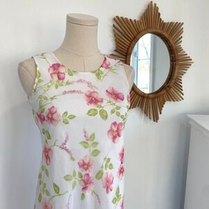 Vintage 90s My Michelle White Pink Floral Midi Dress Sheer Hem Coquette Y2K